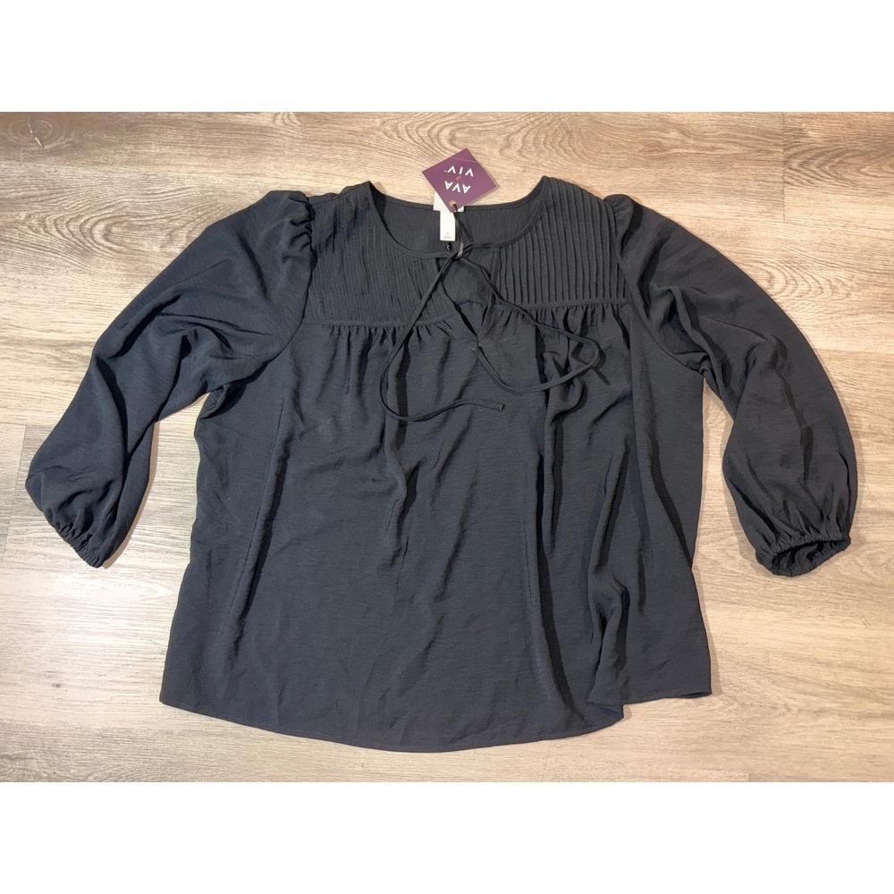 Ava & Viv Black Pleated Yoke Tie Neck Blouse Long Sleeve Plus Size 2X NWT